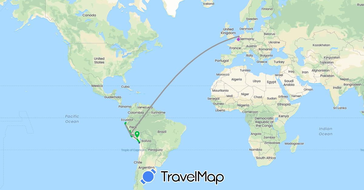 TravelMap itinerary: driving, bus, plane, train in Belgium, Chile, Netherlands, Peru (Europe, South America)